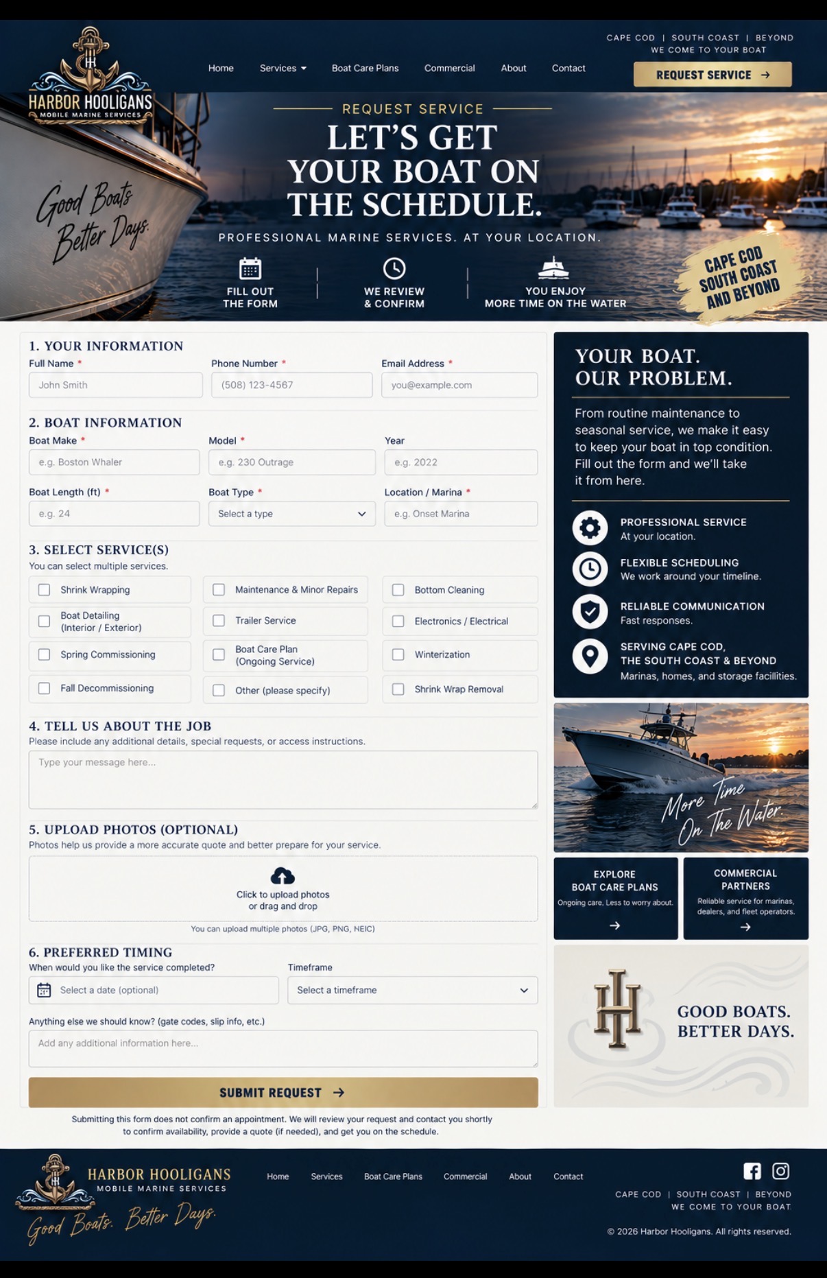 Harbor Hooligans mobile marine service request form