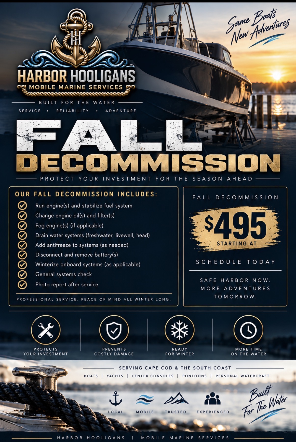 Fall decommissioning and winterization service information from Harbor Hooligans