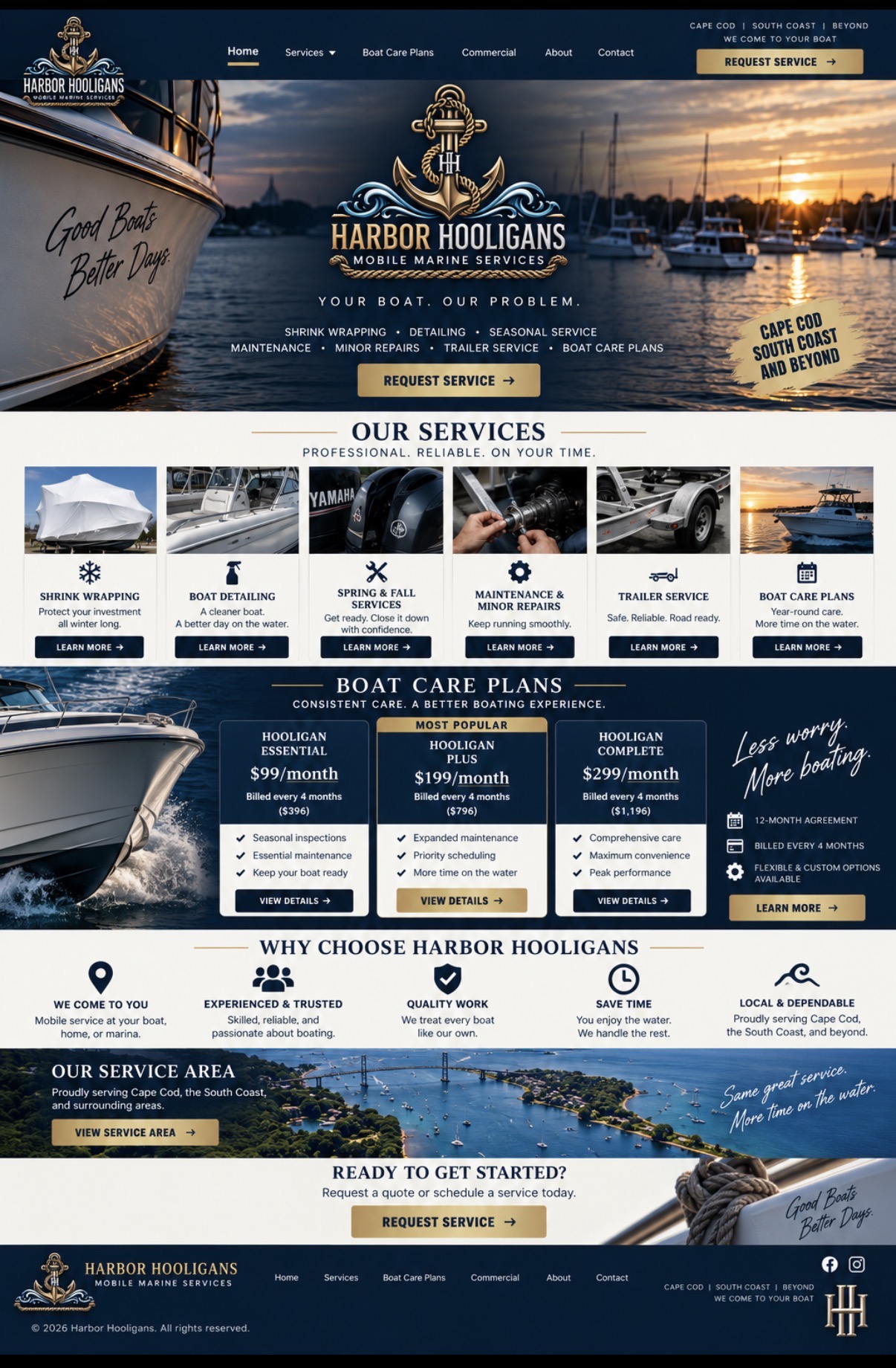 Harbor Hooligans homepage showing mobile marine services, boat care plans, service area, and request service options.