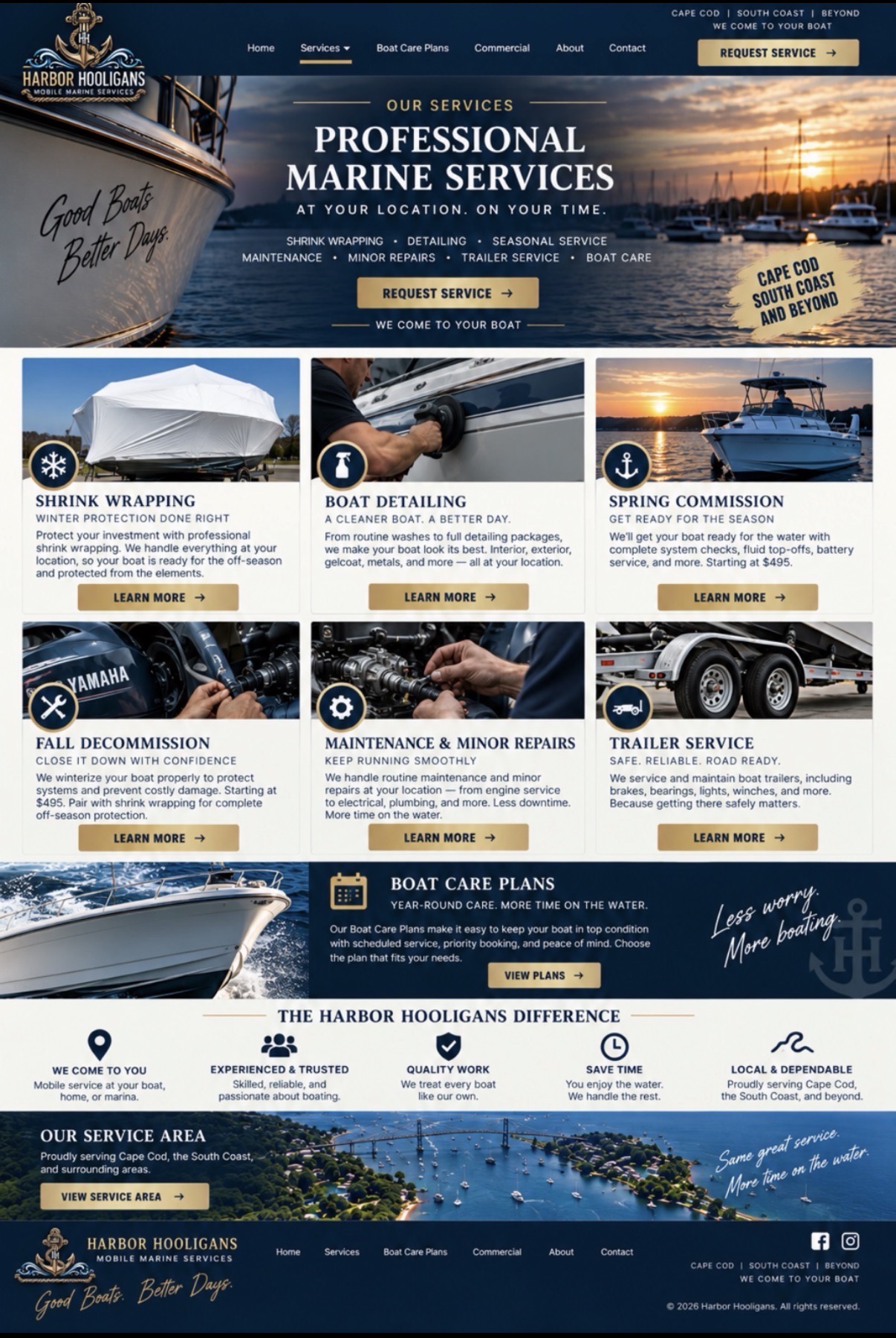 Harbor Hooligans Services page showing shrink wrapping, detailing, seasonal service, maintenance, repairs, trailer service, Boat Care Plans, and service area.