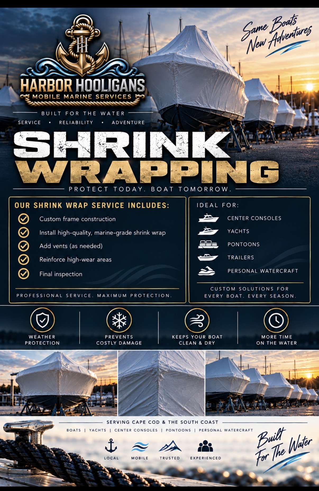 Boat shrink wrapping service information from Harbor Hooligans